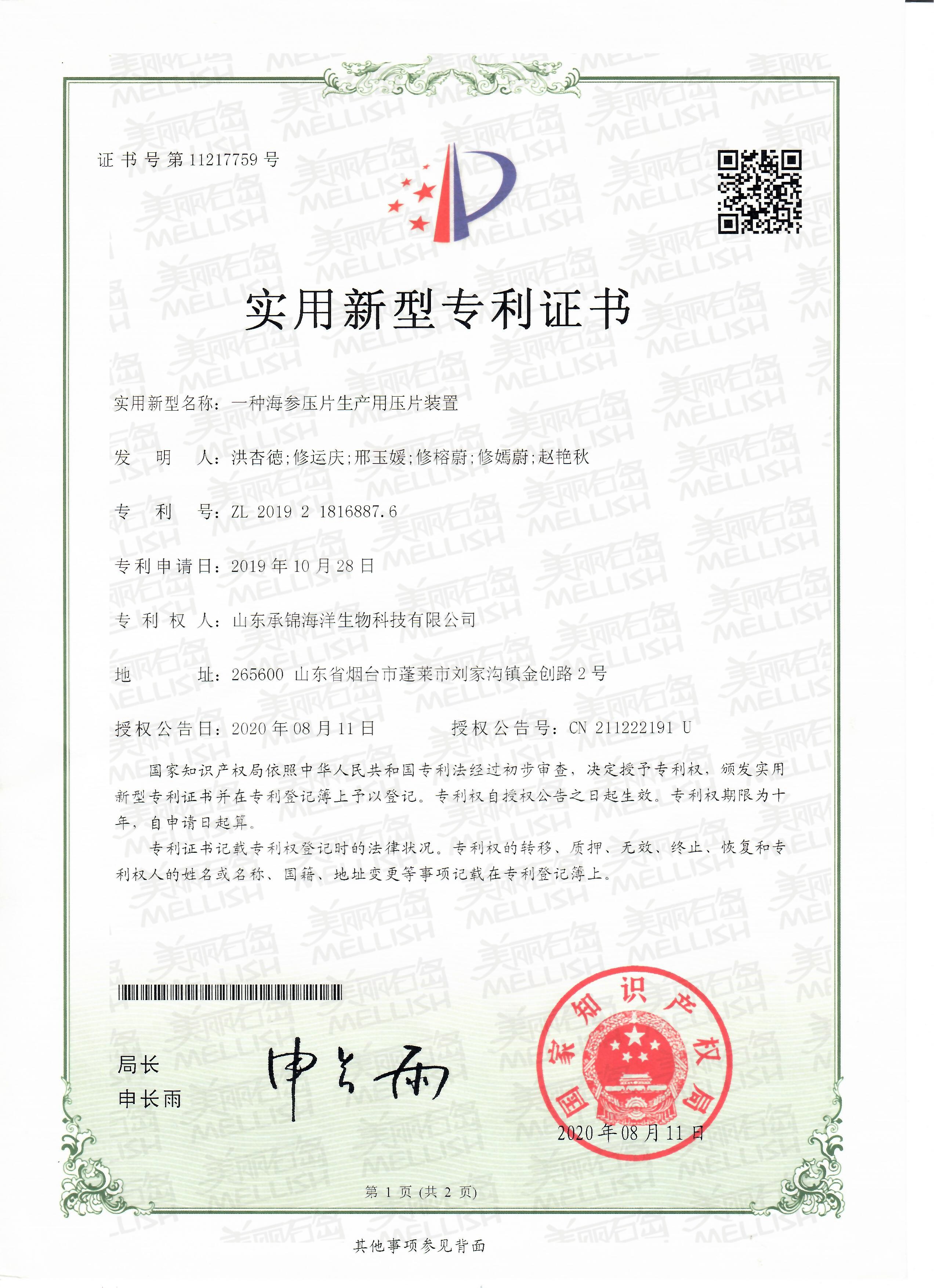 一种生产海参压片生产用压片装置（专利证书）