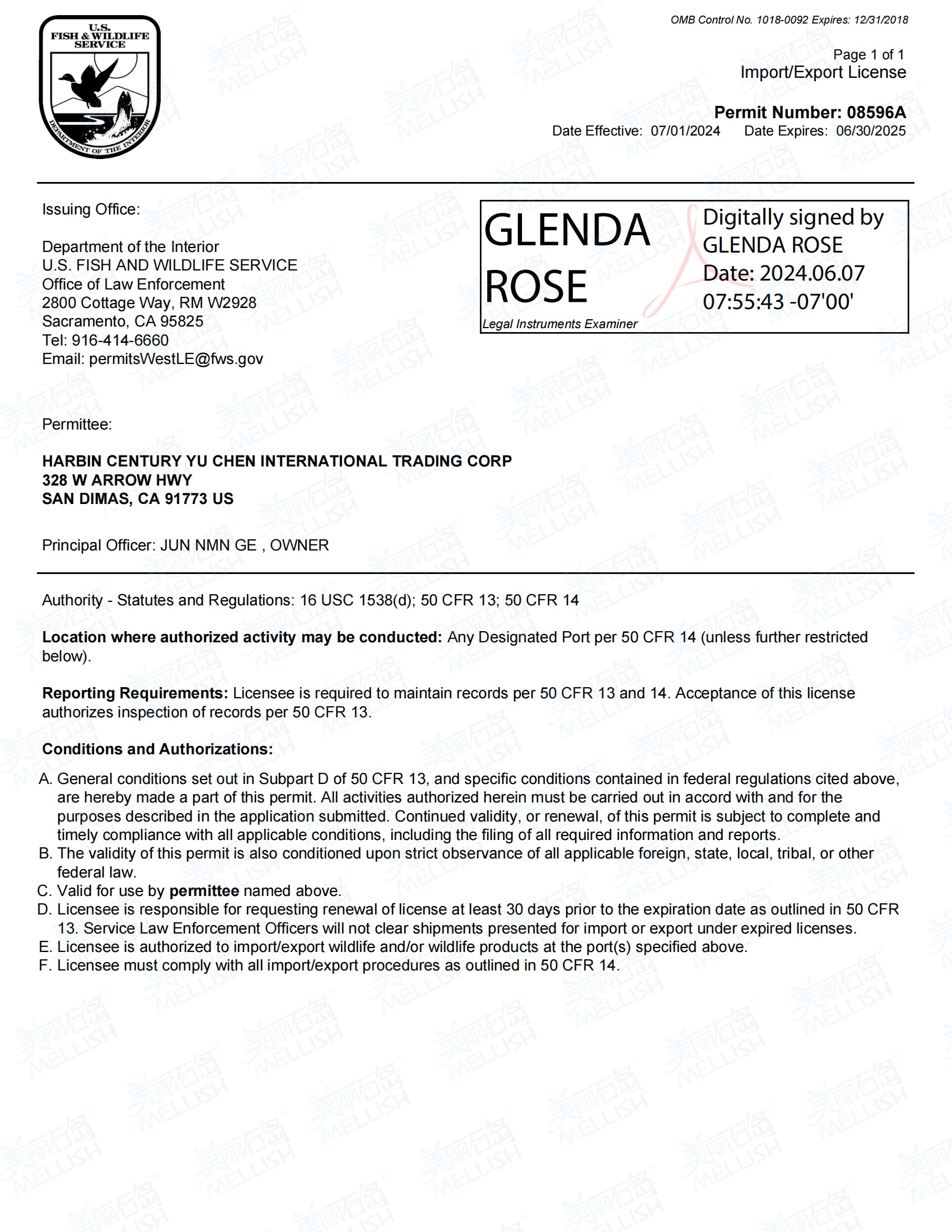 FWS Import Export License - Certificate 